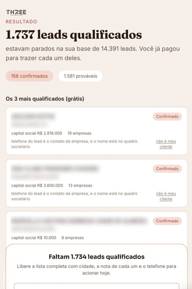Tela de resultado do Qualificador: 1.737 leads qualificados encontrados numa base de 14.391, com os três primeiros da lista